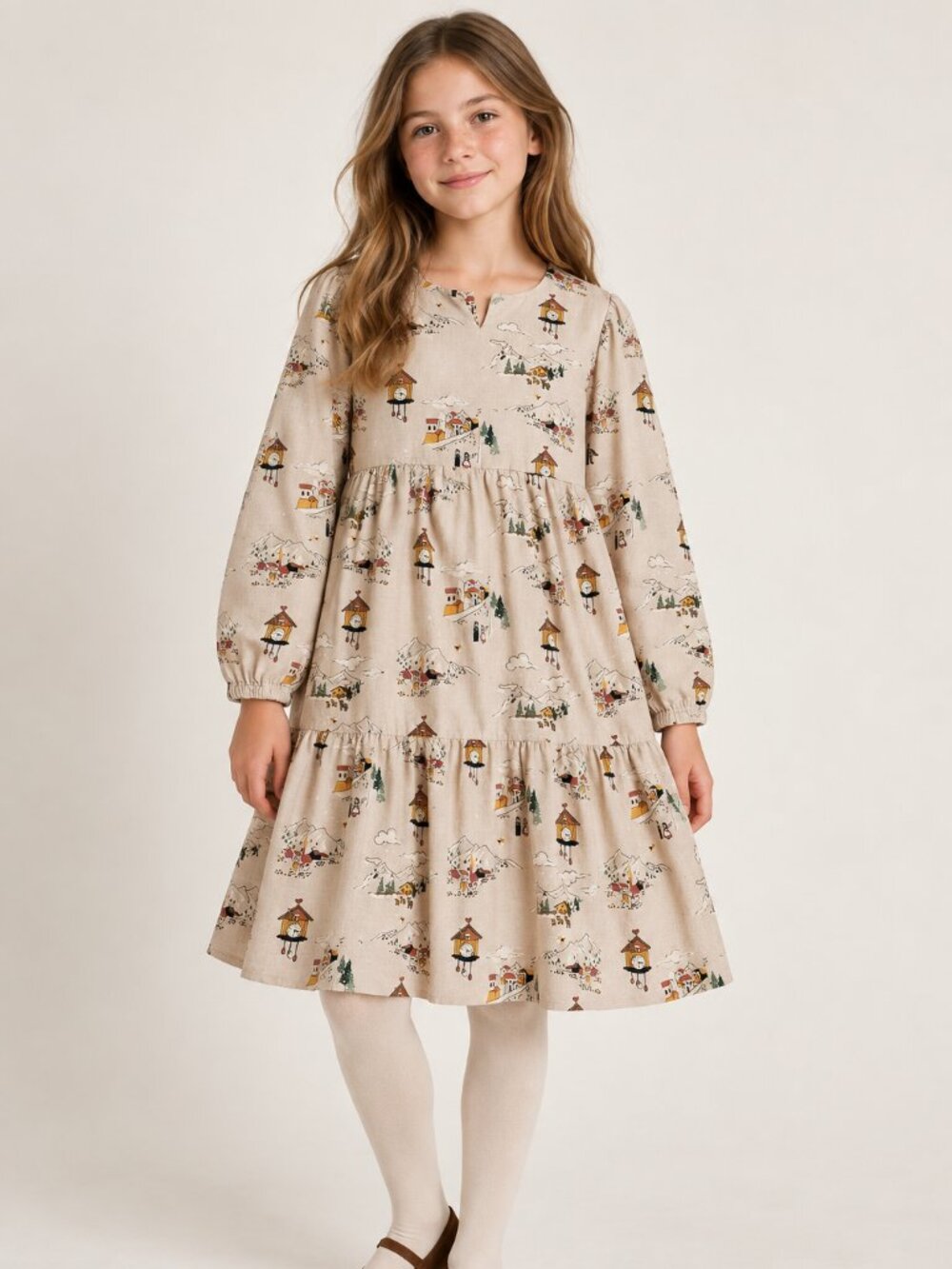 Girls Cottagecore Dress Cream Winter Village Print Long Sleeves